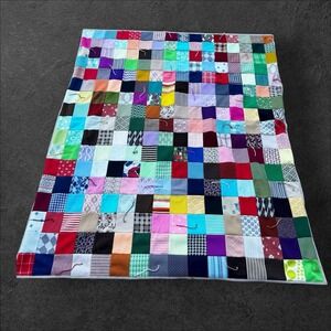 Vtg 1970's Polyester Double Knit Handmade Squares Blanket/Quilt 48" X 58"